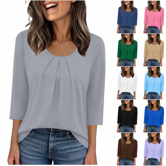 Miluxas 3/4 Length Sleeve Womens Tops Summer Casual Pleated Crew Neck Blouses Loose Fit Tunic Shirts White XL(XL)