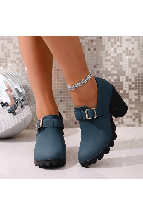 Ankle Boots for Women Chelsea Platform Booties Non-Slip Sole Chunky Heel Round Toe Buckle Strap Elegant Dress Short Boots Fall Winter Retro Comfotable Party Blue 6(37)