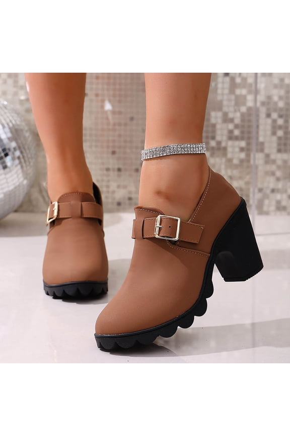 Ankle Boots for Women Chelsea Platform Booties Non-Slip Sole Chunky Heel Round Toe Buckle Strap Elegant Dress Short Boots Fall Winter Retro Comfotable Party Brown 9(42)