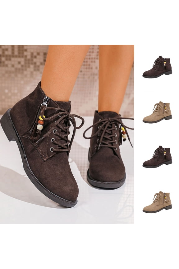 Ankle Boots for Women Chunky Low Heel Round Toe Short Boots for Women Comfortable Lace up Side Zipper Fall Business Casual Shoes Khaki 9.5(43)