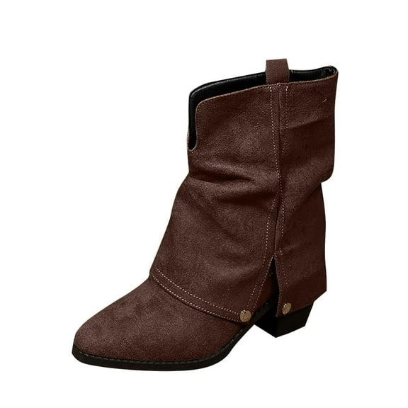 Miluxas Ankle Boots for Women Western Chunky Heel Side Zipper Pointd Toe Suede Versatile Cool Eyeching Metal Autumn and Winter Styles Bootie Shoes Brown 8.5(41)