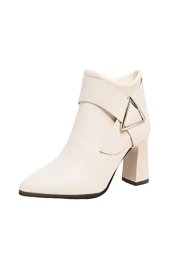 Ankle Boots for Women High Heel Chunky Block Heel Side Zipper Pointd Toe Leather Fall Winter Bootie Shoes White 6(37)