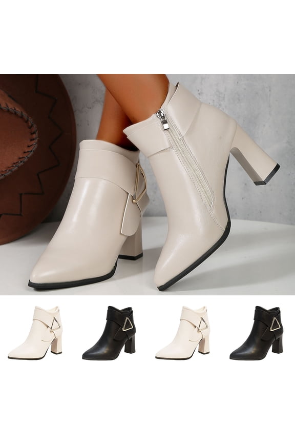 Ankle Boots for Women High Heel Chunky Block Heel Side Zipper Pointd Toe Leather Fall Winter Bootie Shoes White 9(42)