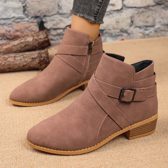 Miluxas Ankle Boots for Women,Women's Low Chunky Stacked Heel Comfortable Round Toe Short booties with Side Zipper Fashion Shoes Brown 7(39)