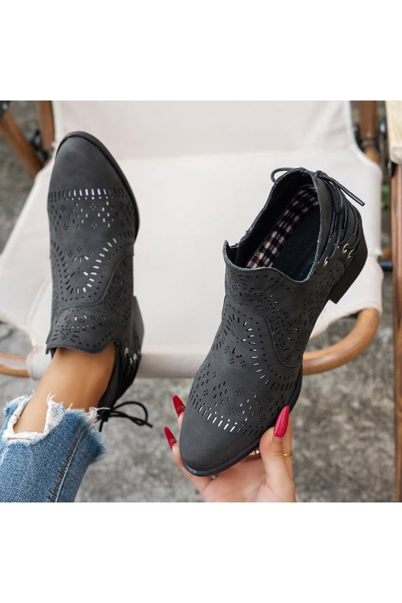 Ankle Boots for women Casual Cut Out Slip On Low Heel Short Chunky Stacked Heel Perforated Side V Cut Western Booties Cutout Shoes Black 7.5(40)