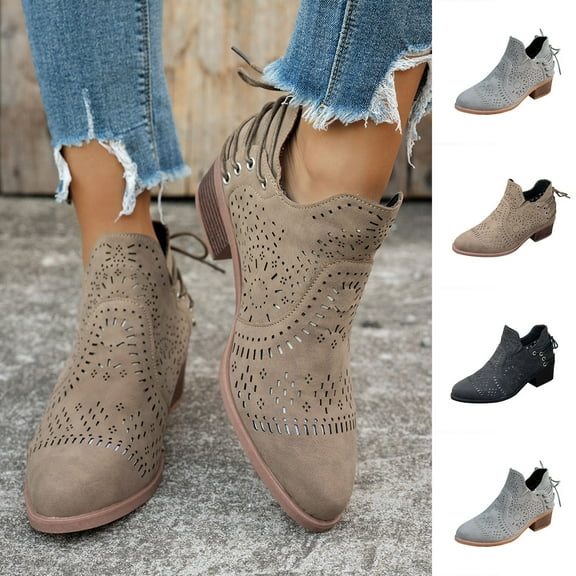 Miluxas Ankle Boots for women Casual Cut Out Slip On Low Heel Short Chunky Stacked Heel Perforated Side V Cut Western Booties Cutout Shoes Khaki 9(42)