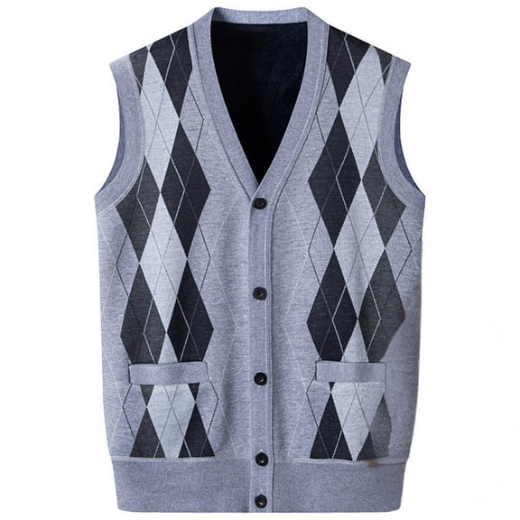 Miluxas Argyle Sweater Vest for Men Button Down V Neck Sleeveless Cardigans Fleece Lined Winter Warm Knitted Waistcoat Gray