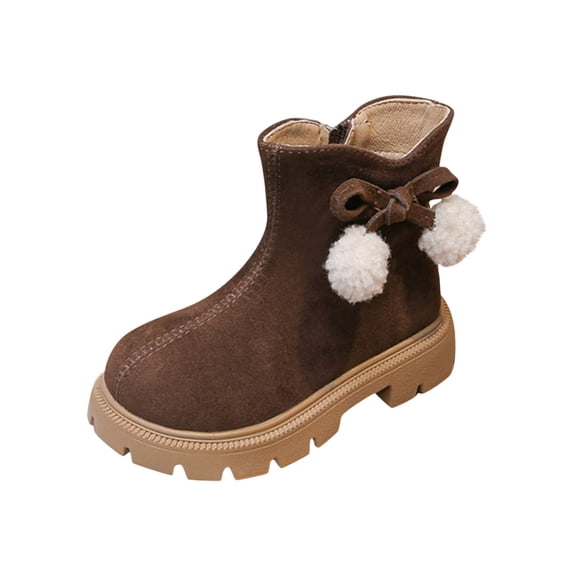 Miluxas Autumn Leather Combat Side Zipper Bow Hairball Warm Boots（Toddler/Little Kids）Children Winter Ankle Boots Brown 3-3.5Years