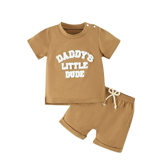 Miluxas Baby Boys 2Pcs Summer Outfits Short Sleeve T-Shirt Tops Elastic Waistband Shorts Set Toddler Clothes Brown 12-18 Months