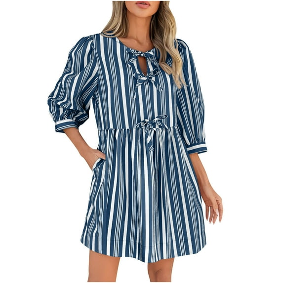 Miluxas Baby Doll Dresses for Women 2025 Clearance Summer Casual Bow Tie Striped Dress 3/4 Sleeve Loose Flowy Mini Dress Navy L(L)