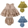 thumbnail image 1 of Miluxas Baby Girls Cotton Sleeveless Ruffles Dress Shirt Bloomer Shorts Clothing Sets 2pcs Summer Outfits Khaki 12 Months, 1 of 9