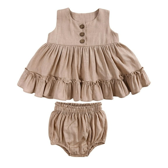 Miluxas Baby Girls Cotton Sleeveless Ruffles Dress Shirt Bloomer Shorts Clothing Sets 2pcs Summer Outfits Khaki 6 Months