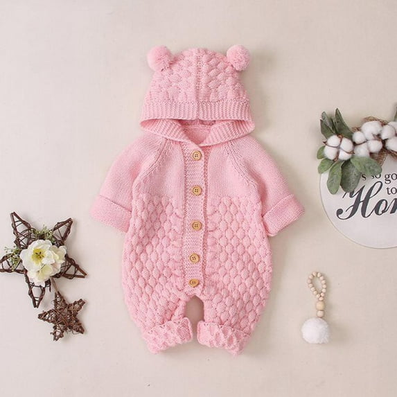 Miluxas Baby Newborn Cotton Knitted Sweater Romper Longsleeve Outfit Pink 6-12 Months