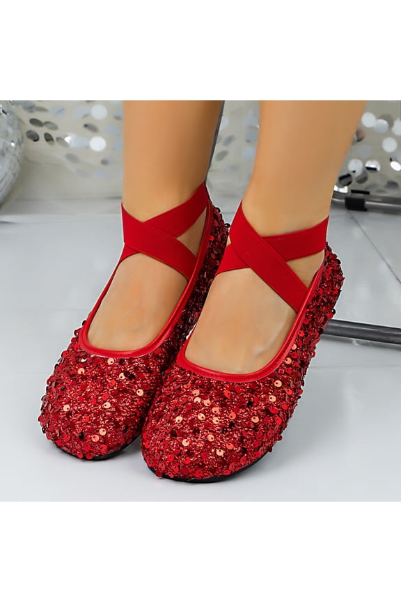 Ballet Flats Shoes for Women with Rhinestone Knit Flat Shoes Sparkly Embellished Elastic Strap Comfortable Wedding Dressy Red 8.5(41)