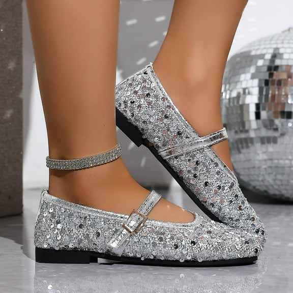 Miluxas Ballet Flats Women, Glitter Sequin Ballerina Flat Shoe, Round Toe Mary Jane Buckle Flats, Stylish Party Dress Shoes Flats Silver 7.5(40)