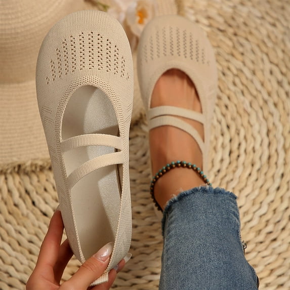 Miluxas Ballet Flats for Women Round Toe Mary Jane Shoes Comfortable Dressy Women Flats Straps Washable Knit Slip On Shoes Beige 6(37)