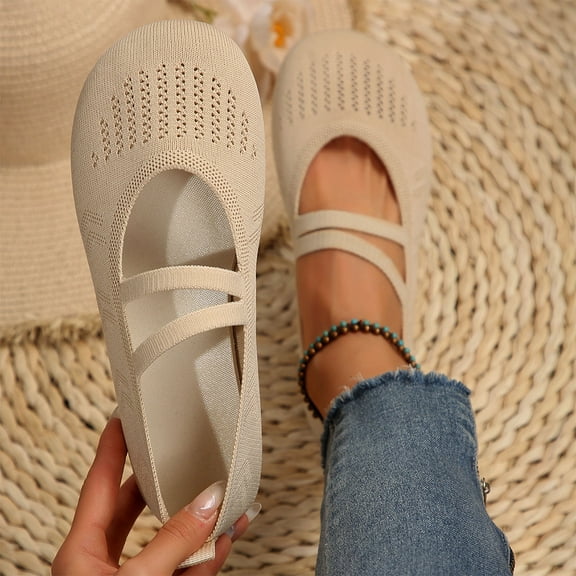 Miluxas Ballet Flats for Women Round Toe Mary Jane Shoes Comfortable Dressy Women Flats Straps Washable Knit Slip On Shoes Beige 8.5(41)