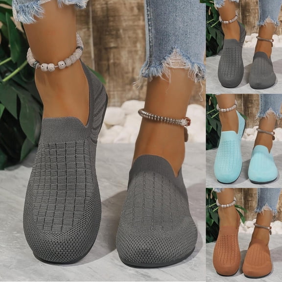 Miluxas Ballet Flats for Women Soft Slip on Flat Shoes Knit Round Toe Work Flat Mesh Woman Walking Shoes Comfortable Casual Gray 9.5(43)