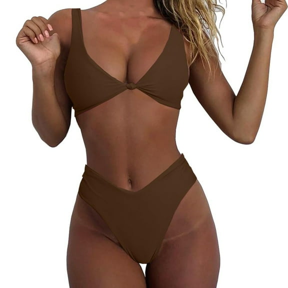 Miluxas Bikini Set for Women Solid V Neck Knot Front Push Up High Leg Thong Two Piece Swimsuit Brown 4(S)