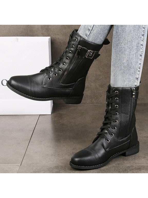 Black Lace-up Combat Boots Ankle Booties for Women Black 9(41)