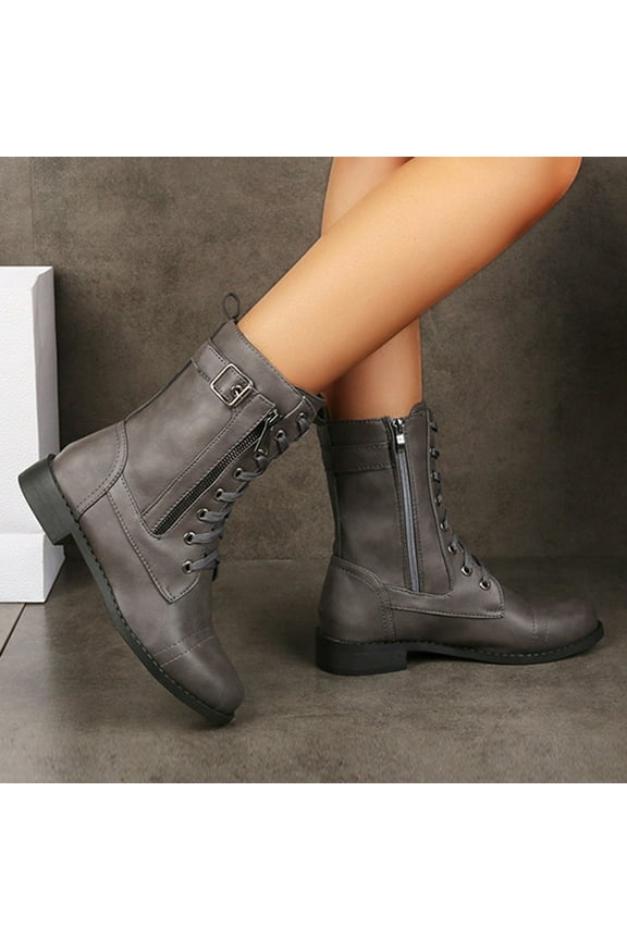 Black Lace-up Combat Boots Ankle Booties for Women Gray 7(38)