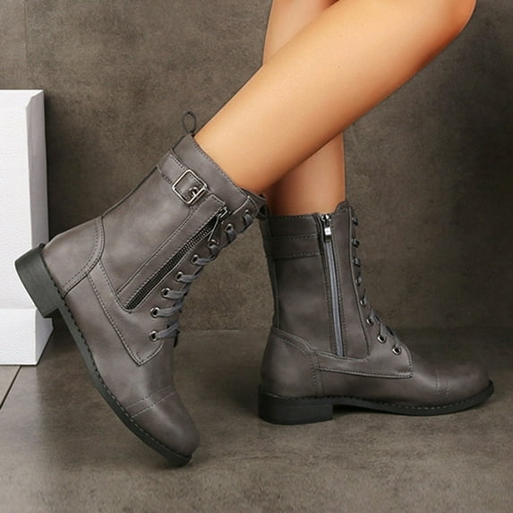 Miluxas Black Lace-up Combat Boots Ankle Booties for Women Gray 8(40)