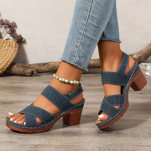 Miluxas Block Heel Sandals for Women Shoes Open Toe Ankle Strap Daily Wedding Party Buckle Low Heels Sandals Dark Blue 7.5(40)