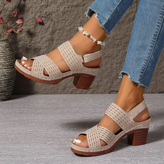 Miluxas Block Heel Sandals for Women Shoes Open Toe Ankle Strap Daily Wedding Party Buckle Low Heels Sandals Khaki 7.5(40)