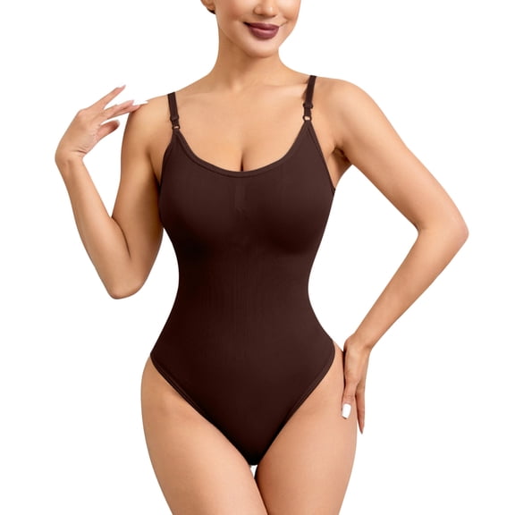Miluxas Bodysuit for Women Tummy Control Shapewear Body Shaper Seamless Spaghetti Strap A-Coffee XL(XL)