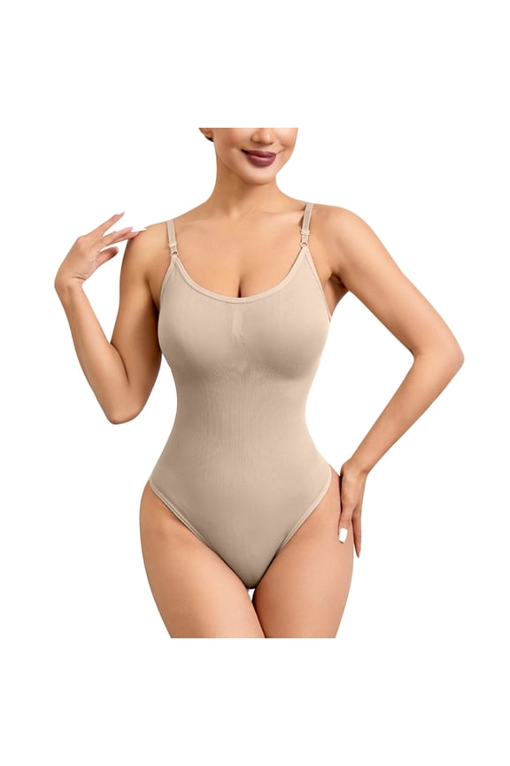 Bodysuit for Women Tummy Control Shapewear Body Shaper Seamless Spaghetti Strap A-Khaki S(S)