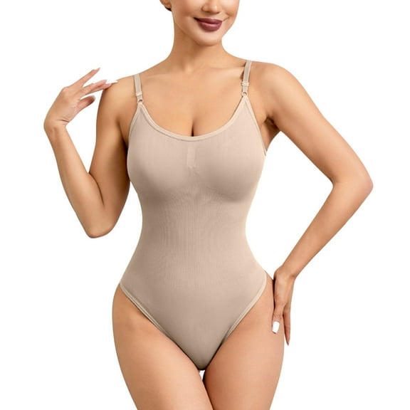 Miluxas Bodysuit for Women Tummy Control Shapewear Body Shaper Seamless Spaghetti Strap A-Khaki XL(XL)
