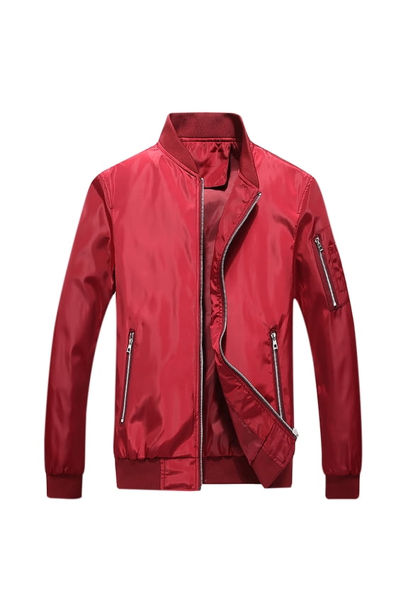 Bomber Jacket Men Winter Coats Full Zip Windbreaker Mens Jackets Casual Work Coats Red