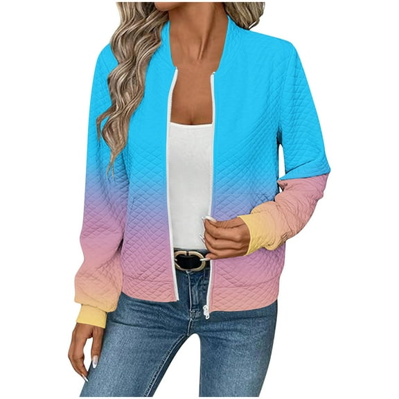 Miluxas Bomber Jackets for Women Spring Cute Jacquard Coats Lightweight Zip Up Jackets Dressy Casual Light Blue XXL(XXL)
