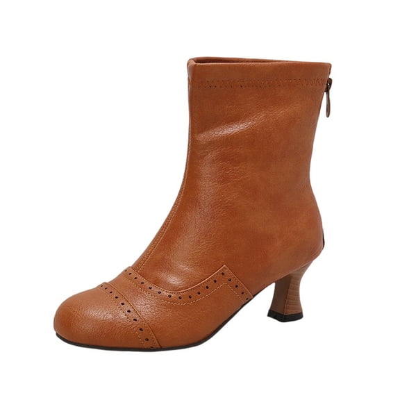 Miluxas Boots for Women Ankle Booties Winter Fashion Casual Round Toe Back Zipper High Heels Boots Solid Dressy Comfy Ladies Shoes Yellow 8.5(41)