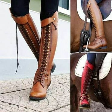 Miluxas Boots for Women Vintage Cross Strappy Cowboy Boots Knee High Combat Boots Winter Thigh High Boots Red 9(43)