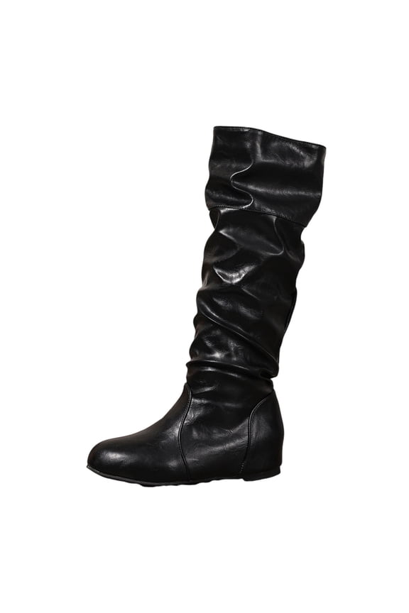 Boots for Women Knee High Fashion Casual Pleated Flats Boots Winter Elegant Solid Color Comfy Outdoor Ladies Shoes Black 5.5(36)