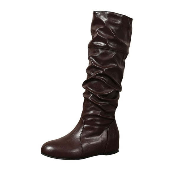 Miluxas Boots for Women Knee High Fashion Casual Pleated Flats Boots Winter Elegant Solid Color Comfy Outdoor Ladies Shoes Brown 6.5(38)