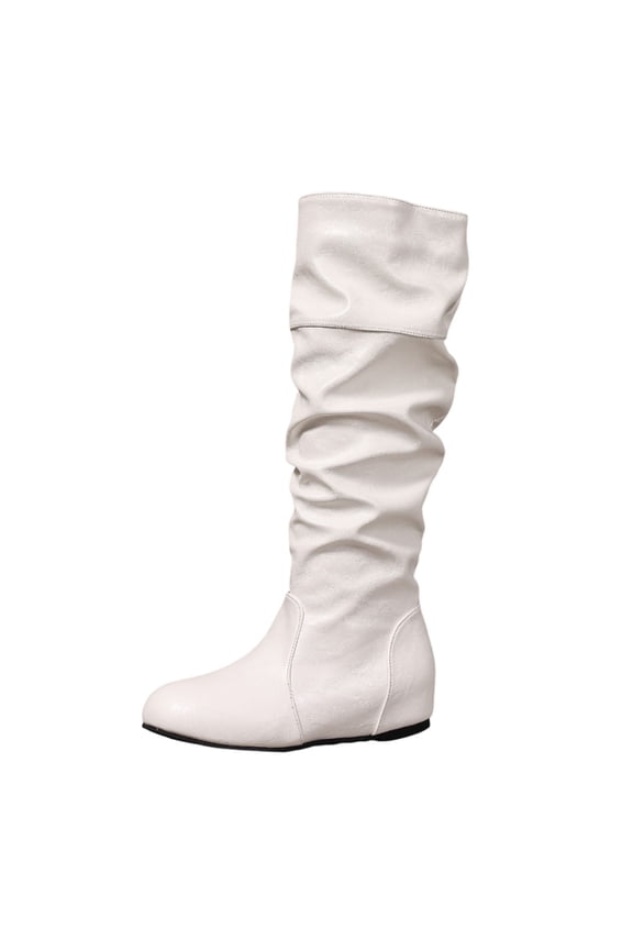 Boots for Women Knee High Fashion Casual Pleated Flats Boots Winter Elegant Solid Color Comfy Outdoor Ladies Shoes White 5.5(36)
