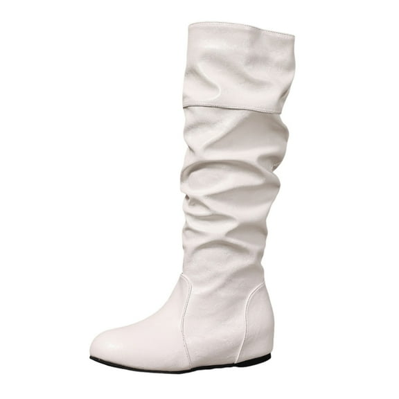 Miluxas Boots for Women Knee High Fashion Casual Pleated Flats Boots Winter Elegant Solid Color Comfy Outdoor Ladies Shoes White 7.5(40)
