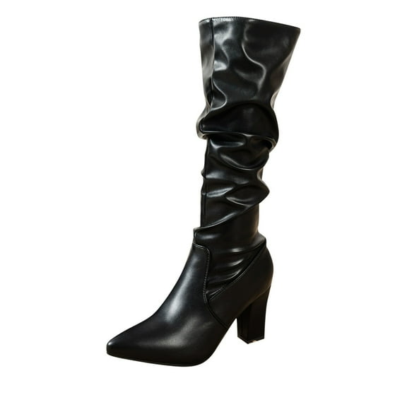 Miluxas Boots for Women Knee High Fashion Casual Pleated High Heel Long Boots Winter Elegant Solid Color Comfy Outdoor Ladies Shoes Black 6.5(38)