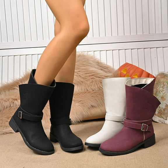 Miluxas Boots for Women Low Heel Mid Calf Boots Winter Warm Belt Buckle Side Zipper Block Chunky Heel Boots Solid Comfyl Shoes White 9.5(43)
