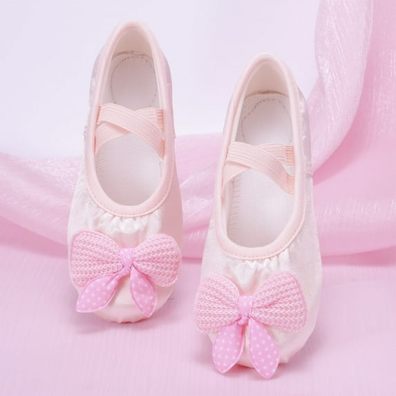 Miluxas Bow Ballet Shoes for Girls Ballerina Flats for Kids Dance - Soft Satin, Split Sole Pink 3.5(39)