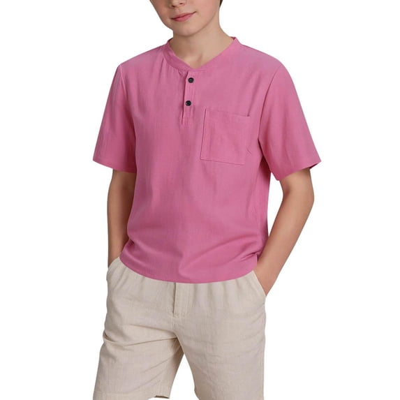 Miluxas Boy's Henley Short Sleeve Casual Button Up Basic Tee Shirts Hot Pink 5-6 Years