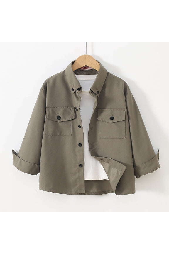 Boy's Lightweight Casual Style Shirts Jacket with Multi Pockets Green 11 Years(150)