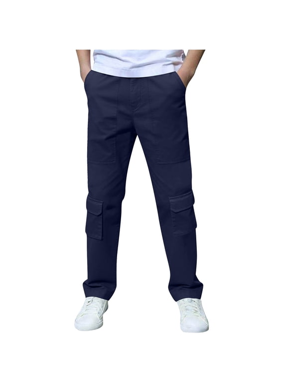 Boy's Slim Fit Cargo Jeans Straight Leg Streetwear Work Pants with Pockets Navy 11-12 Years