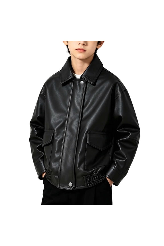 Boy's Solid Color Leather Jacket Windproof Leathers Coat Lapel Motorcycle Biker Jackets Black 1-2Years