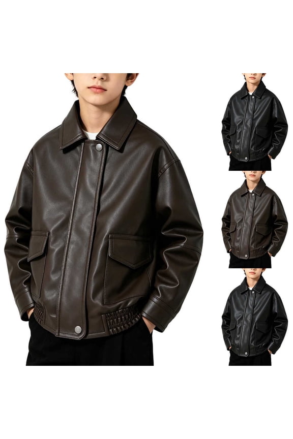 Boy's Solid Color Leather Jacket Windproof Leathers Coat Lapel Motorcycle Biker Jackets Coffee 1-2Years