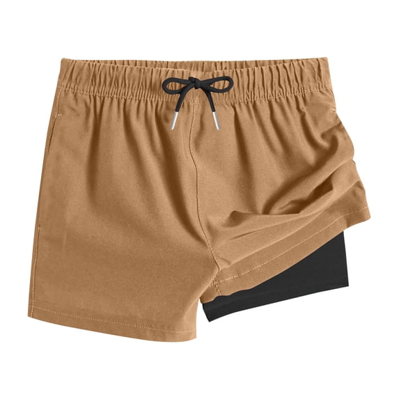Miluxas Boy's Swim Trunks with Compression Liner Beach Shorts Quick Dry Bathing Suits with Pocket Brown 10 Years
