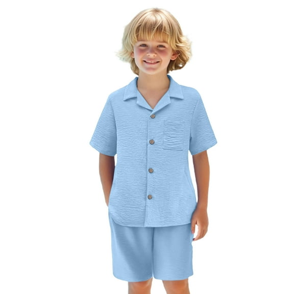 Miluxas Boys 2 Pieces Summer Outfits Beach Short Sleeve Button Down Shirts and Shorts Vacation Texture Sets for Kids Blue 13 Years(150)