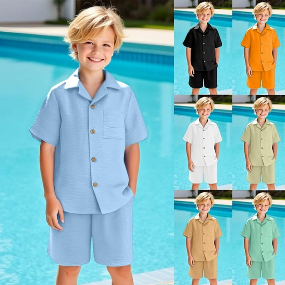 Miluxas Boys 2 Pieces Summer Outfits Beach Short Sleeve Button Down Shirts and Shorts Vacation Texture Sets for Kids White 13 Years(150)